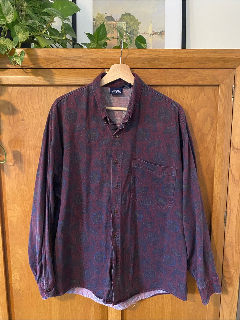 Vintage Bon Homme Paisley Button-Down Shirt — Unknown Brand — Burgundy and Navy